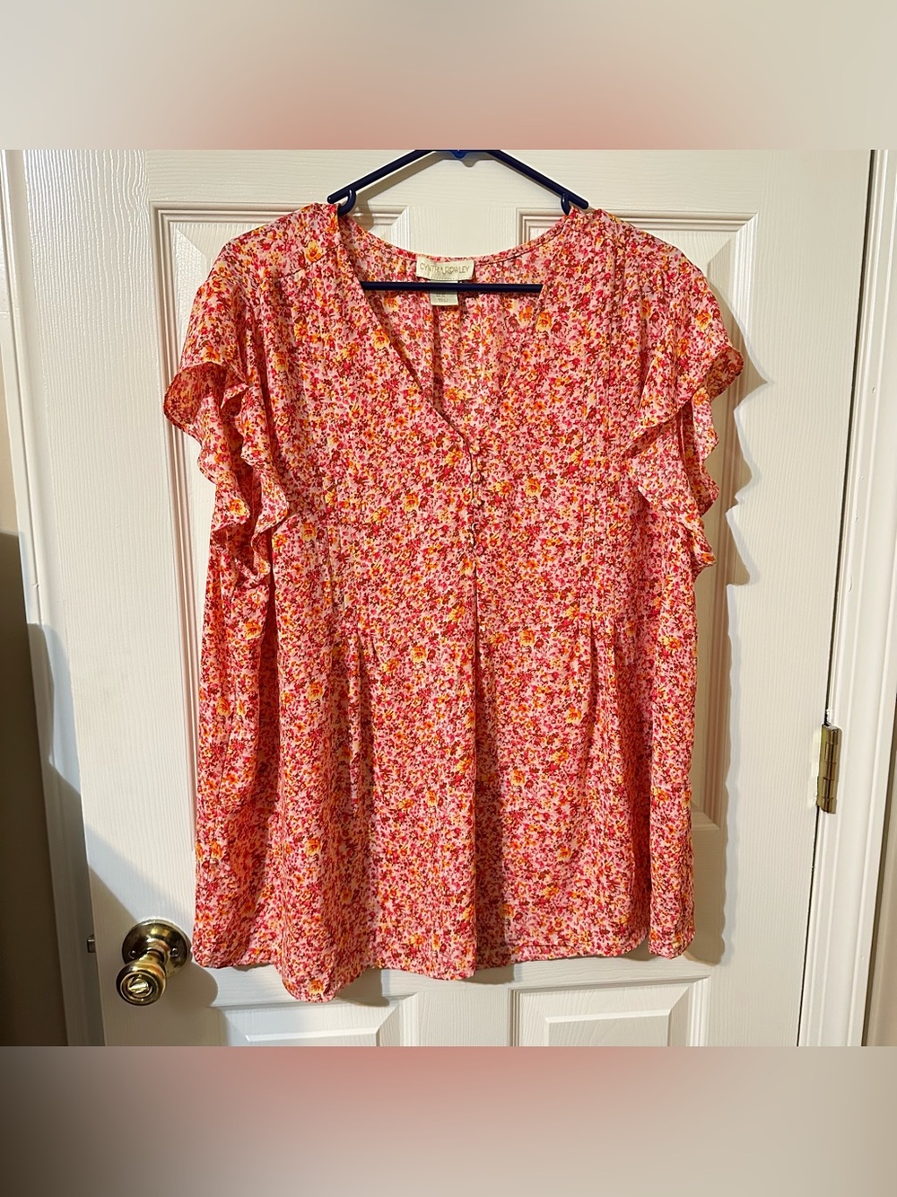 Cynthia Rowley Pink Floral V-Neck Flutter Sleeve Blouse